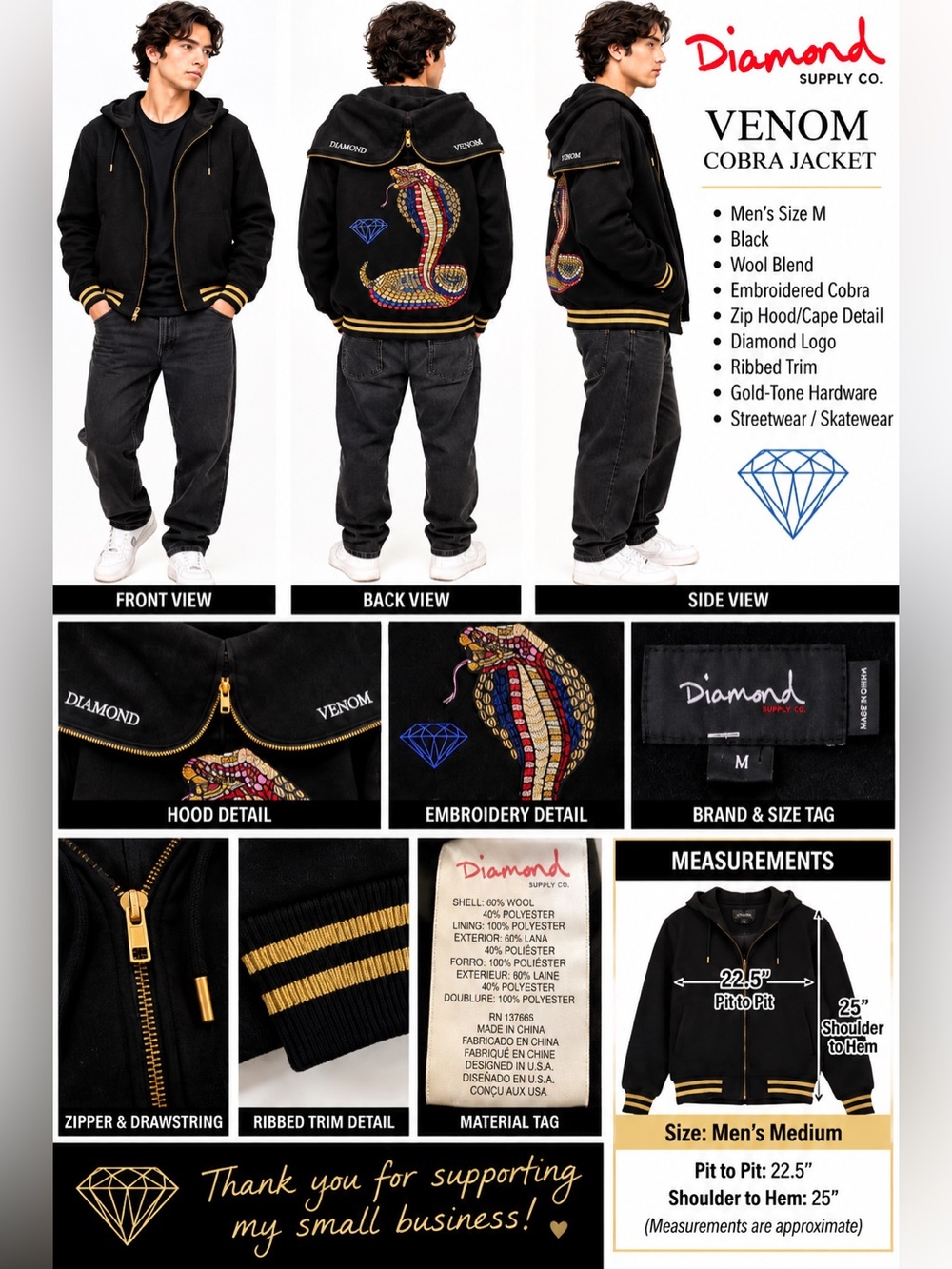 Diamond Supply Co Venom Cobra Hooded Wool Blend Jacket Men’s M Black Embroidered